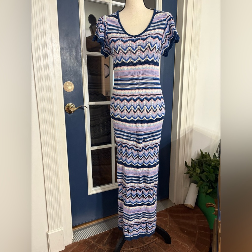 Jessica Simpson Blue and Pink Chevron Maxi Crotchet Dress Size Medium NWOT